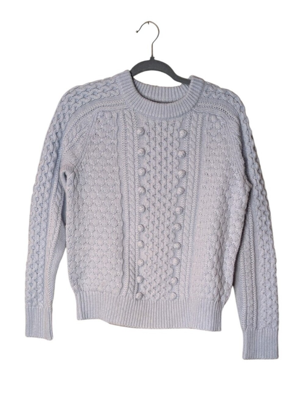 NWT J.Crew Cable Knit Popcorn Bobble Sweater Light Blue Lambs Wool Blend Small